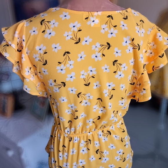 Monteau-Yellow Floral Ruffle Sleeve Faux Wrap Tie Blouse - Picture 6 of 10